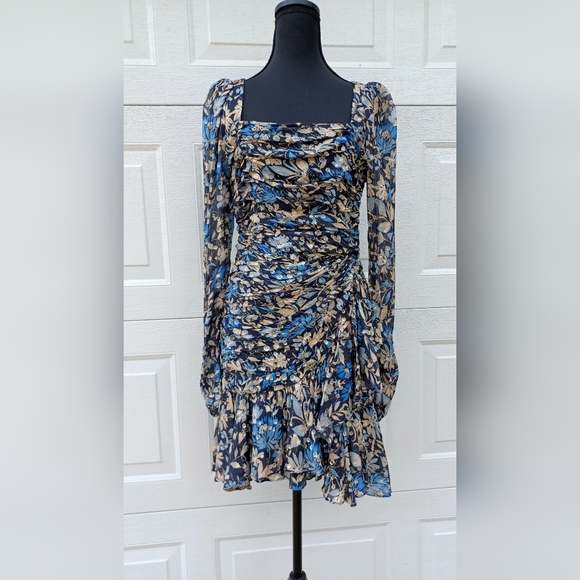 NWOT Monique Lhuillier Floral Chiffon Flounce Long Sleeve Dress Size 6 - Picture 2 of 15